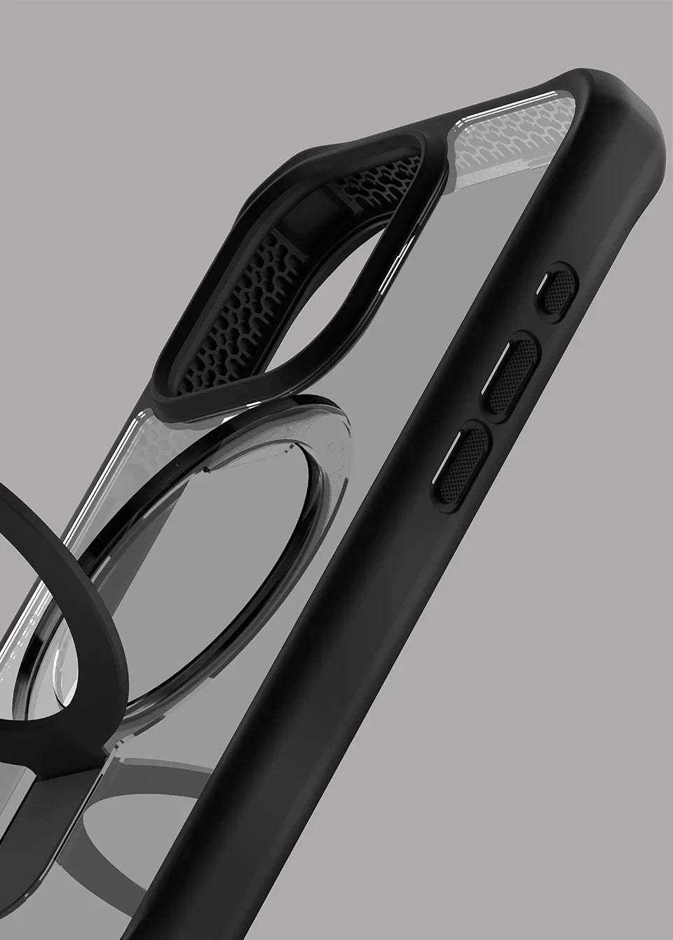 Itskins Hybrid Stand iPhone 15 Pro Magsafe Case - Black And Transparent - Tashqila Itskins Hybrid Stand iPhone 15 Pro Magsafe Case - Black And Transparent - Tashqila